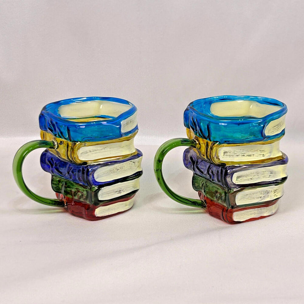 Set of 2 3D Stacked Books Coffee Mugs Colorful Hand Painted Style Novelty Cups